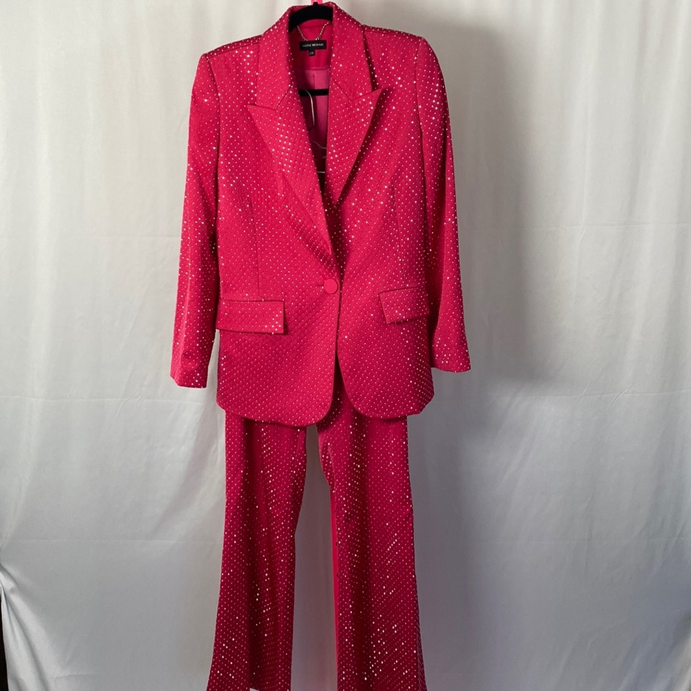 🚨WORN ON TV🚨 NADINE MERABI pink w/sparkle gems blazer pant suit size s/m - Picture 2 of 7